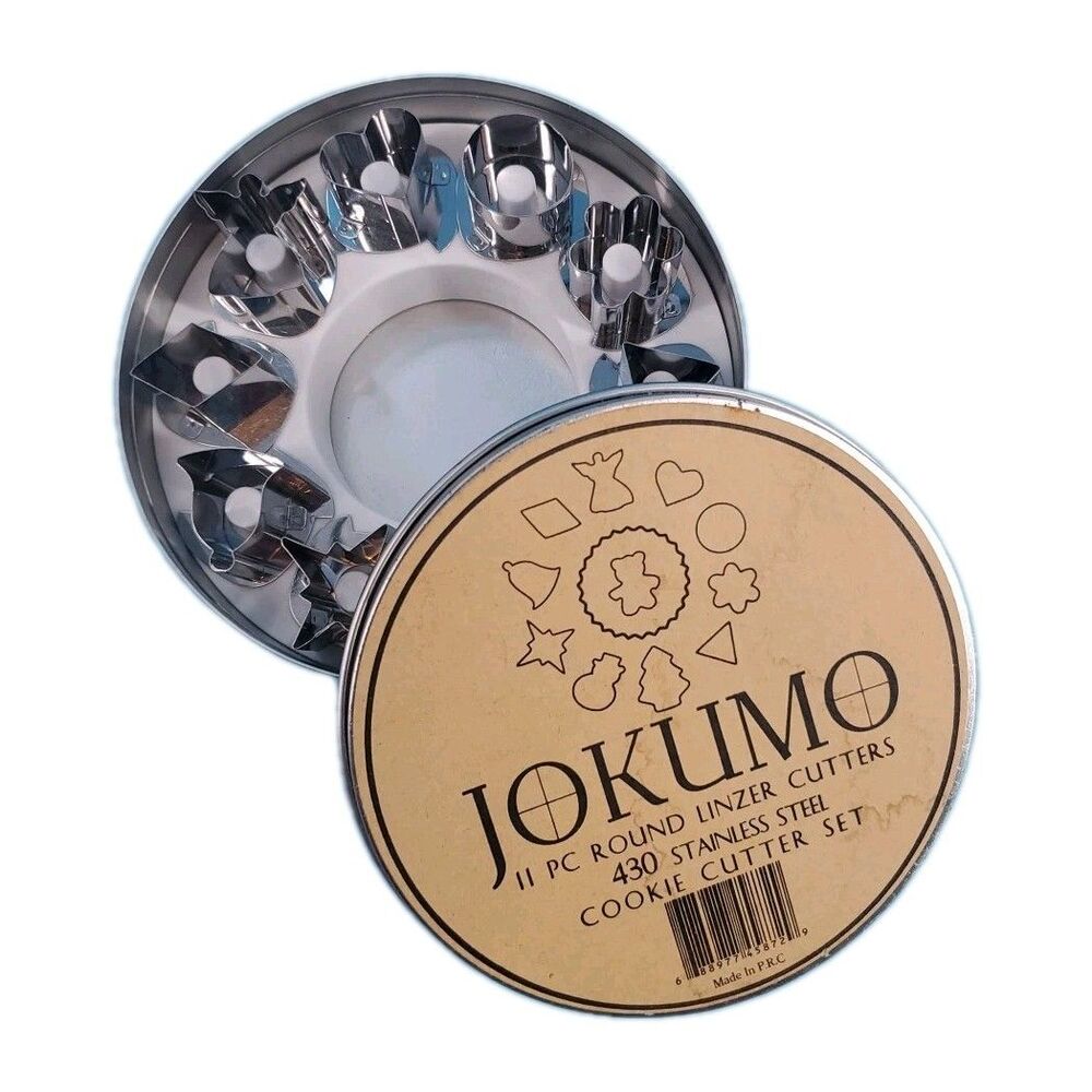 JOKUMO 10 Pc Linzer Cutters 430 Stainless  Steel Cookie Cutter Set In Round Tin